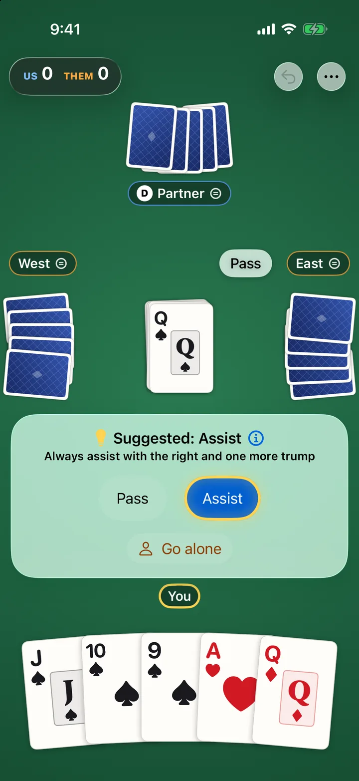 Bidding on iPhone with the queen of spades turned up and partner dealing. The player holds the jack, 10 and 9 of spades, the ace of hearts and the queen of diamonds, and the coach's hint reads: Suggested: Assist. Always assist with the right and one more trump.