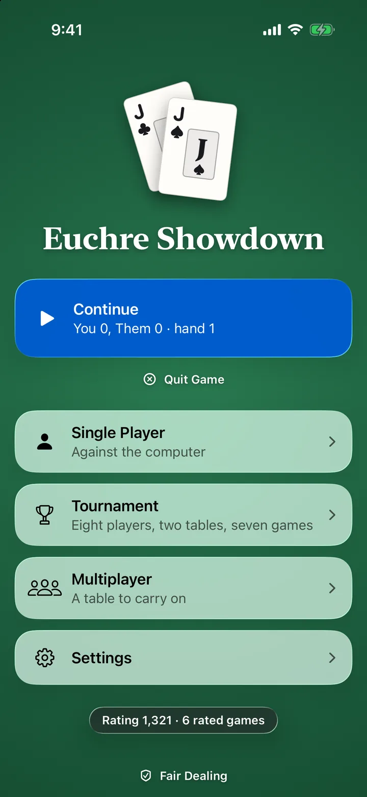 The main menu on iPhone: the title Euchre Showdown above two jacks on green felt, then Continue, Single Player, Tournament, Multiplayer and Settings, with Fair Dealing at the foot.